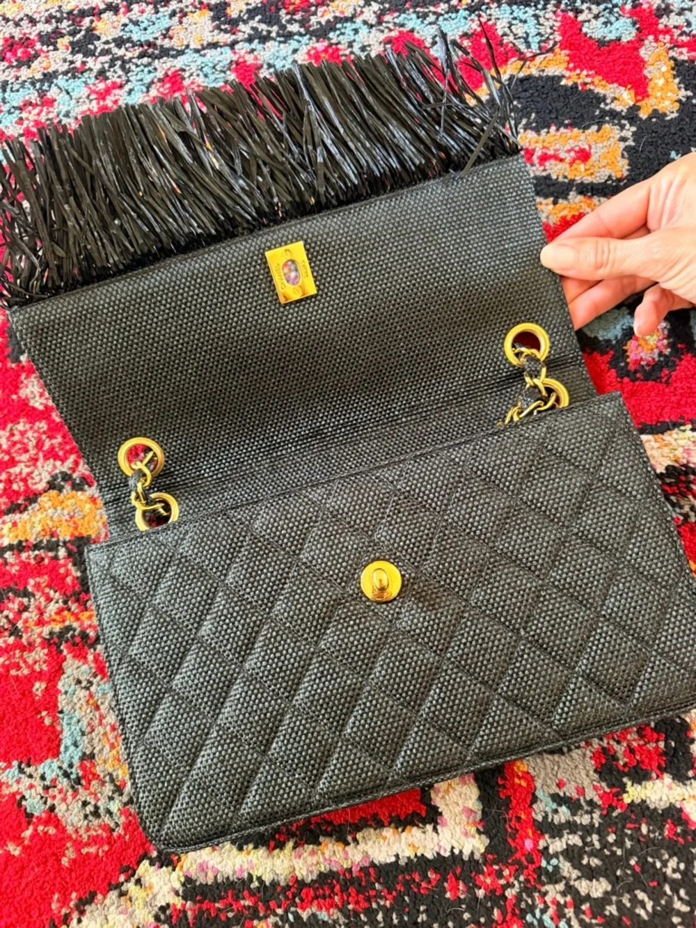 Chanel ultra rare 90s Quilted Fringe Black Raffia with 24k plated Gold Hardware - Picture 4 of 10